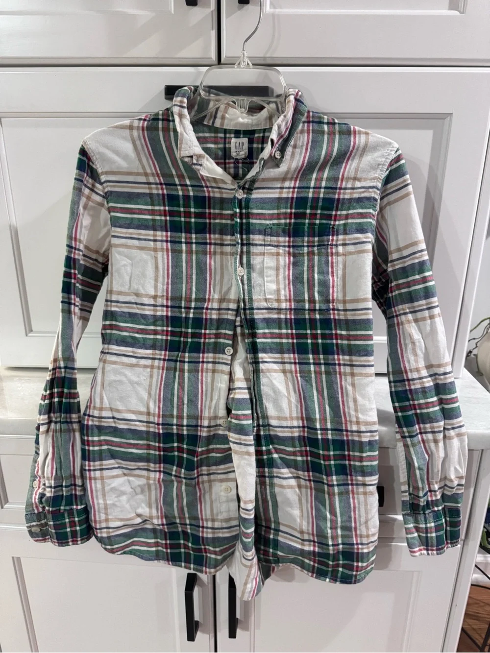 GAP Plaid Button-Down Shirt in White, Green & Navy